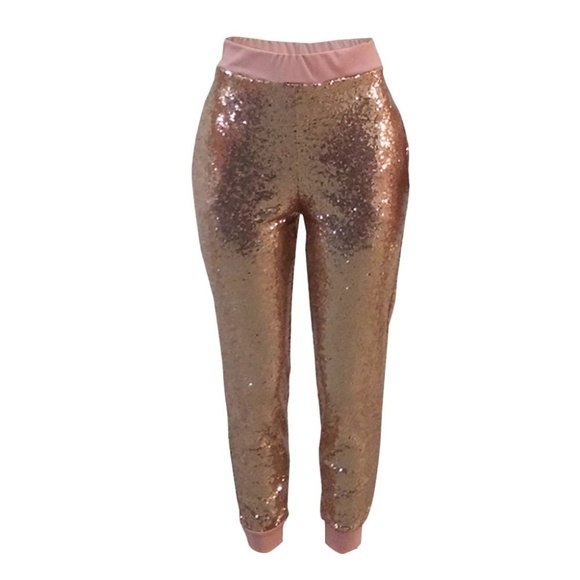Rose Gold Sparkle Sequin Glam Jogger Trouser - Picture 3 of 6